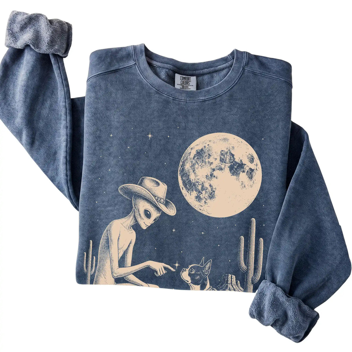 Denim Comfort Colors® sweatshirt featuring Boston Terrier Cowboy and Alien, folded presentation