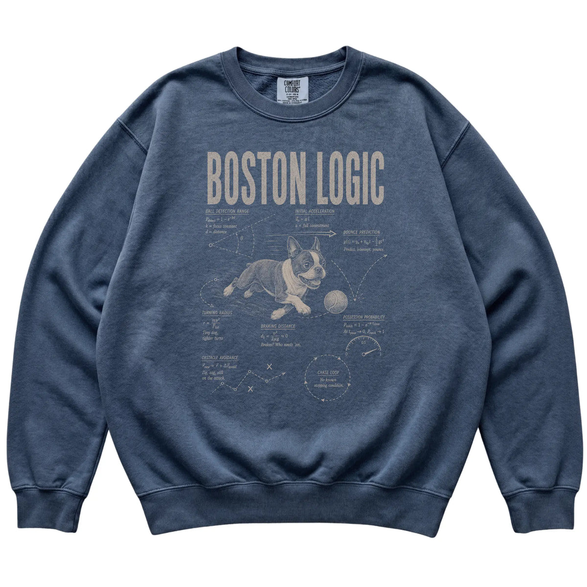 Denim Boston Terrier Ball Logic sweatshirt laid flat