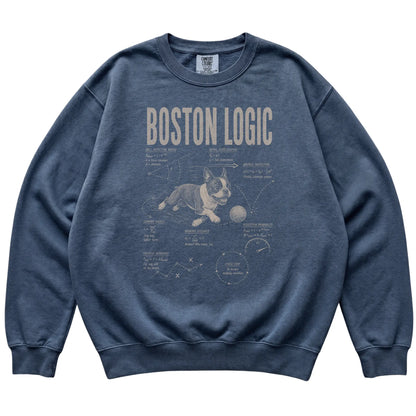 Denim Boston Terrier Ball Logic sweatshirt laid flat