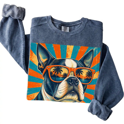 Folded Denim Comfort Colors sweatshirt with a Retro Boston Terrier Dad design