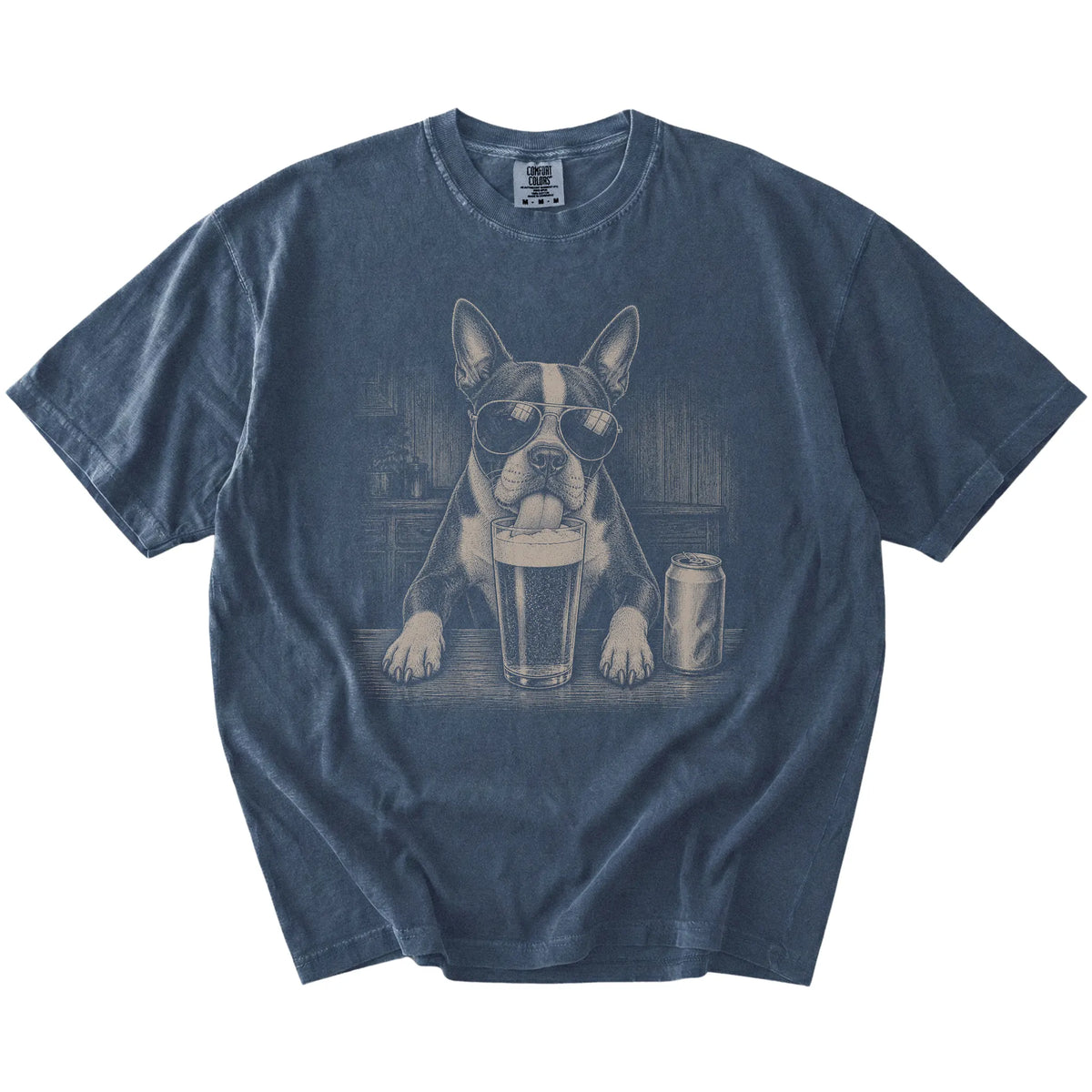 Boston Terrier sneaking a drink from a foamy pint at home on a Denim Comfort Colors® t-shirt