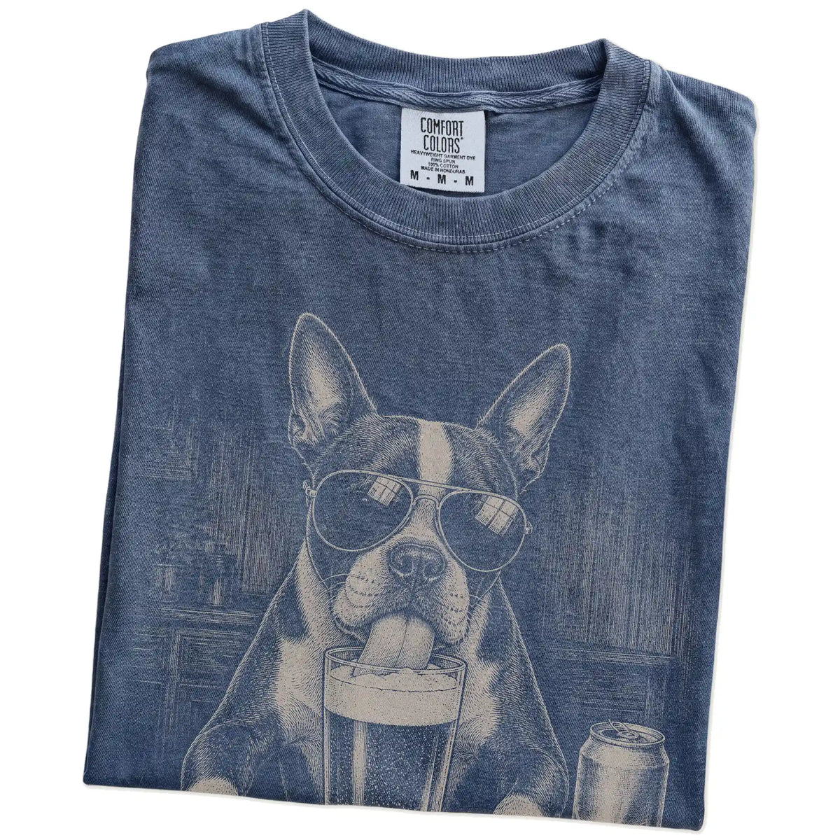 Folded Denim Comfort Colors® t-shirt showing Boston Terrier sneaking a drink from a pint