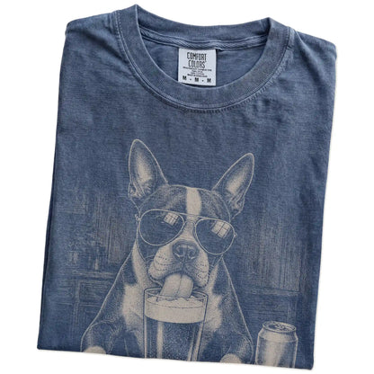 Folded Denim Comfort Colors® t-shirt showing Boston Terrier sneaking a drink from a pint