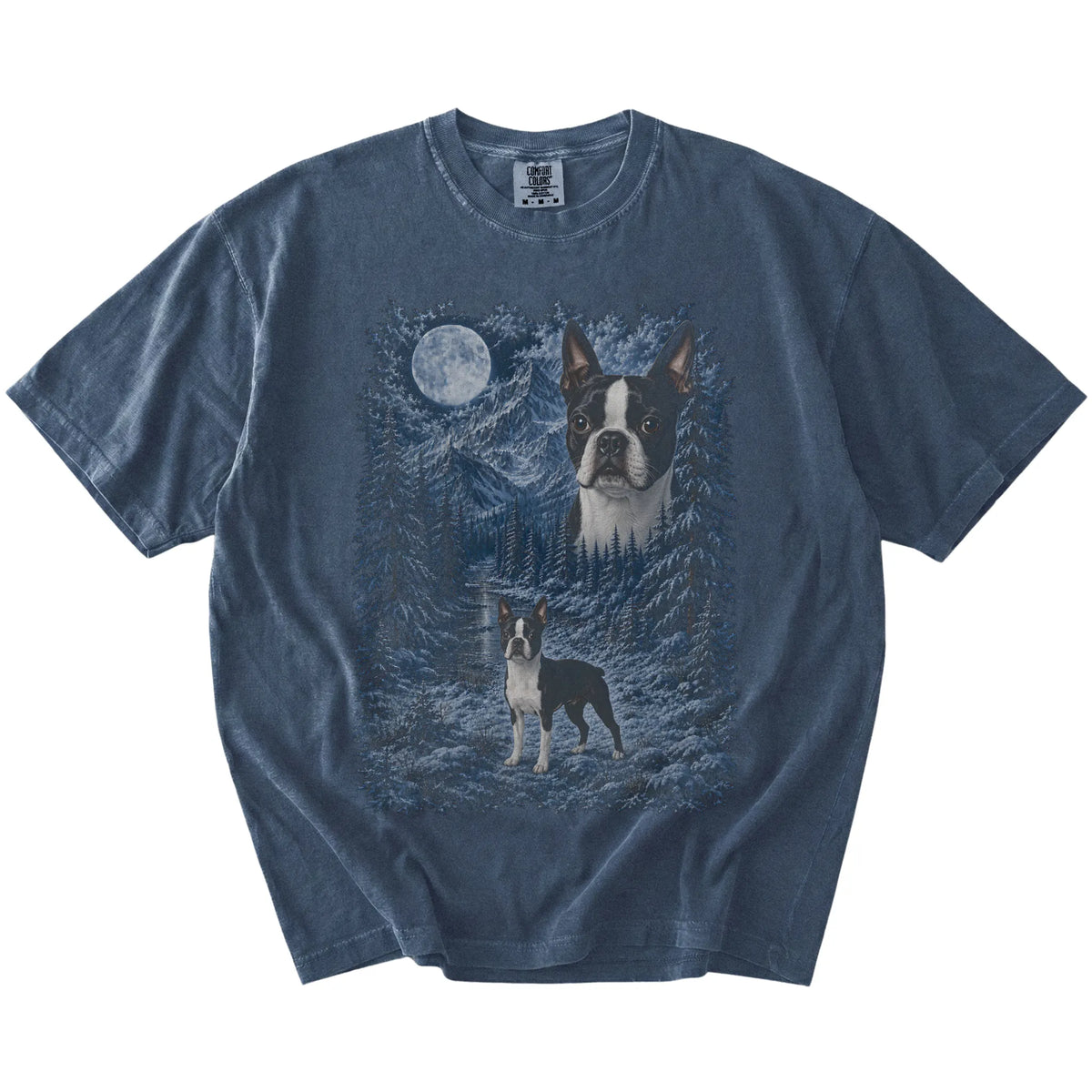 Boston Terrier in a snowy winter forest on a Denim t-shirt
