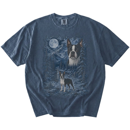 Boston Terrier in a snowy winter forest on a Denim t-shirt