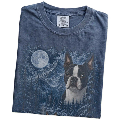 Folded Denim Boston Terrier winter forest t-shirt