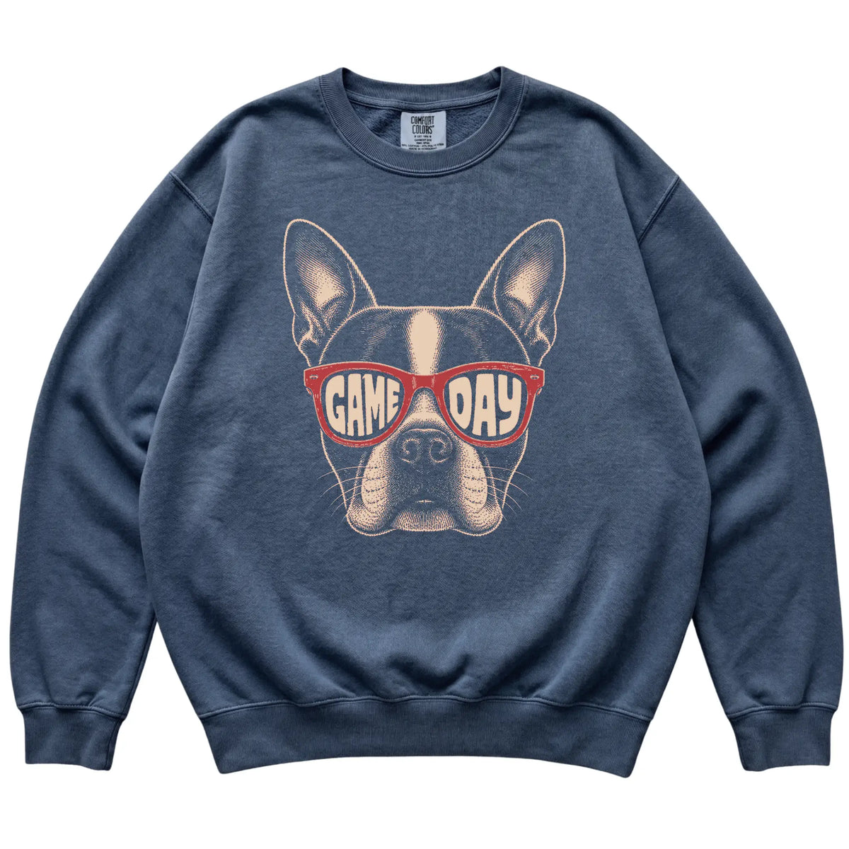 Denim Boston Terrier Game Day Sunglasses sweatshirt, laid flat