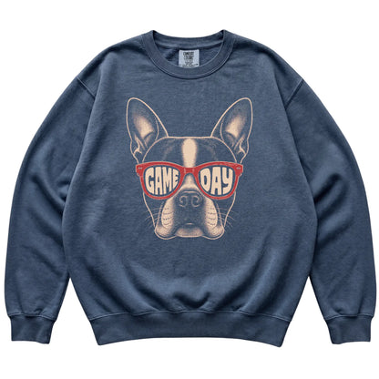 Denim Boston Terrier Game Day Sunglasses sweatshirt, laid flat
