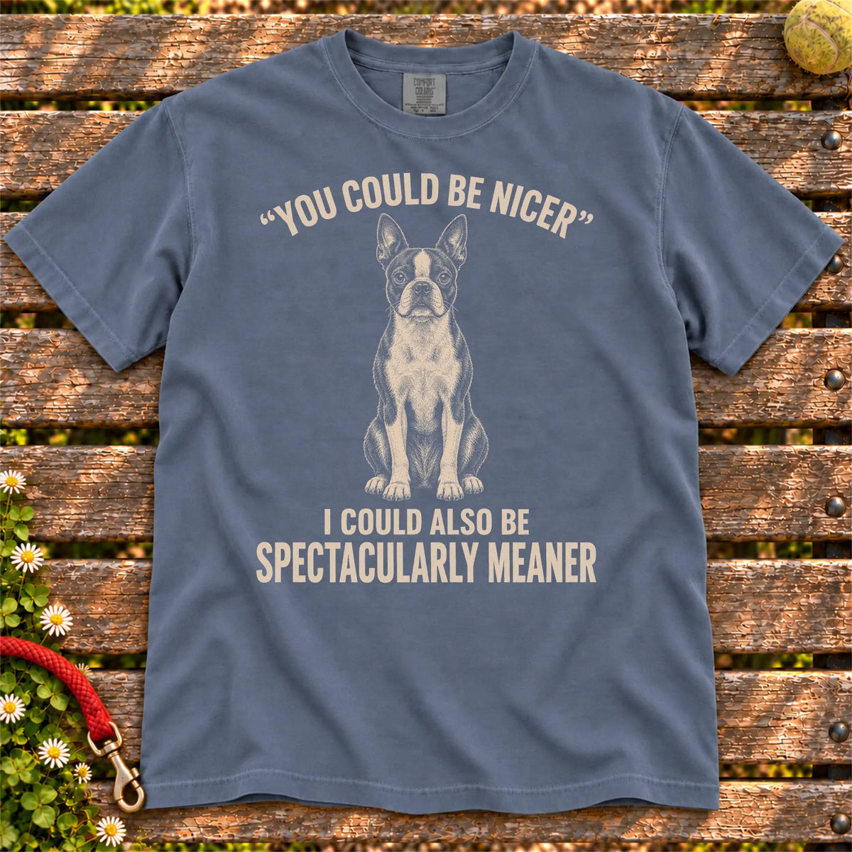 Boston Terrier Guard Dog design on a Denim Comfort Colors T-shirt, shown flat