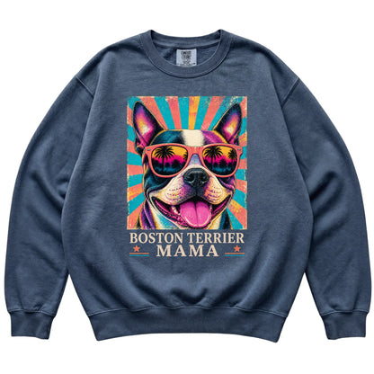 Retro Boston Terrier Mama design on a Denim Comfort Colors sweatshirt