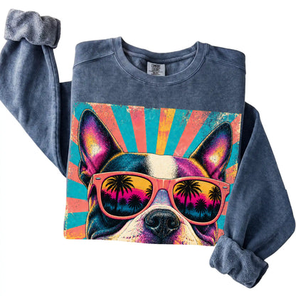 Folded Denim Comfort Colors sweatshirt with a Retro Boston Terrier Mama design