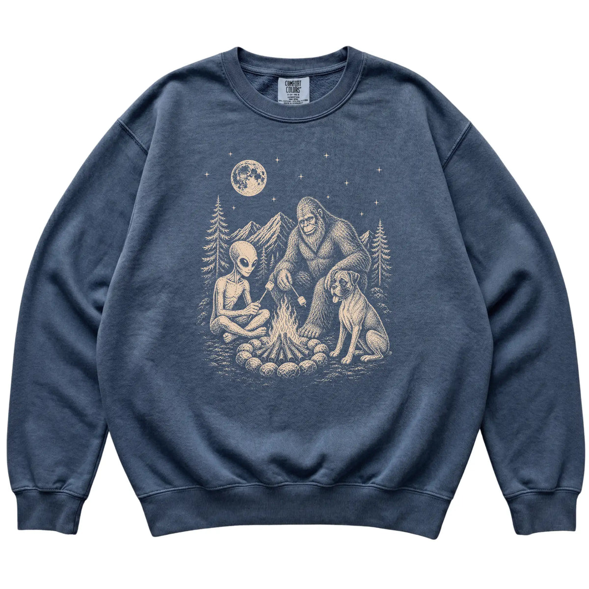 Denim Boxer Camping with Bigfoot and Alien shirt laid flat