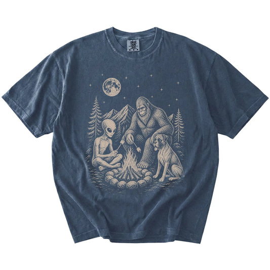 Boxer camping with Bigfoot and an alien on a Denim Comfort Colors® T-shirt