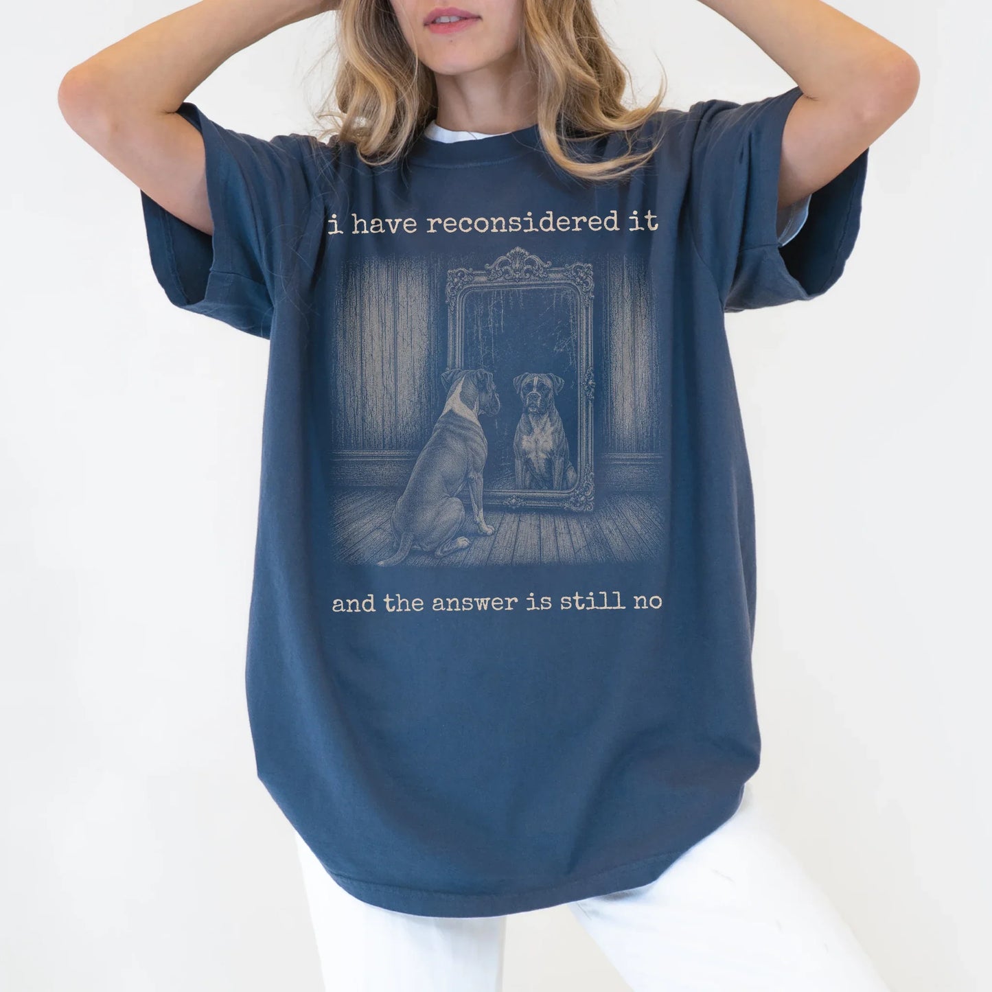 Model wearing a Denim Comfort Colors® T-shirt with “the answer is still no” boxer design