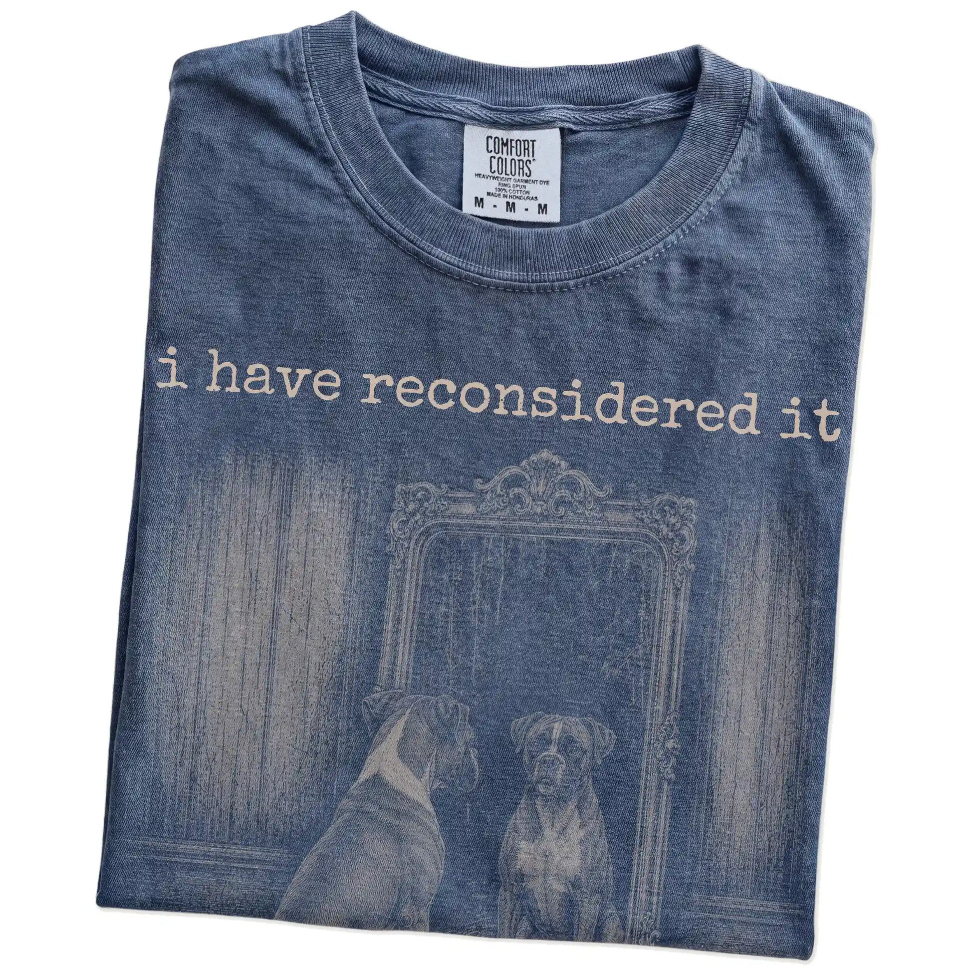 Folded Denim Comfort Colors® T-shirt showing “the answer is still no” boxer design