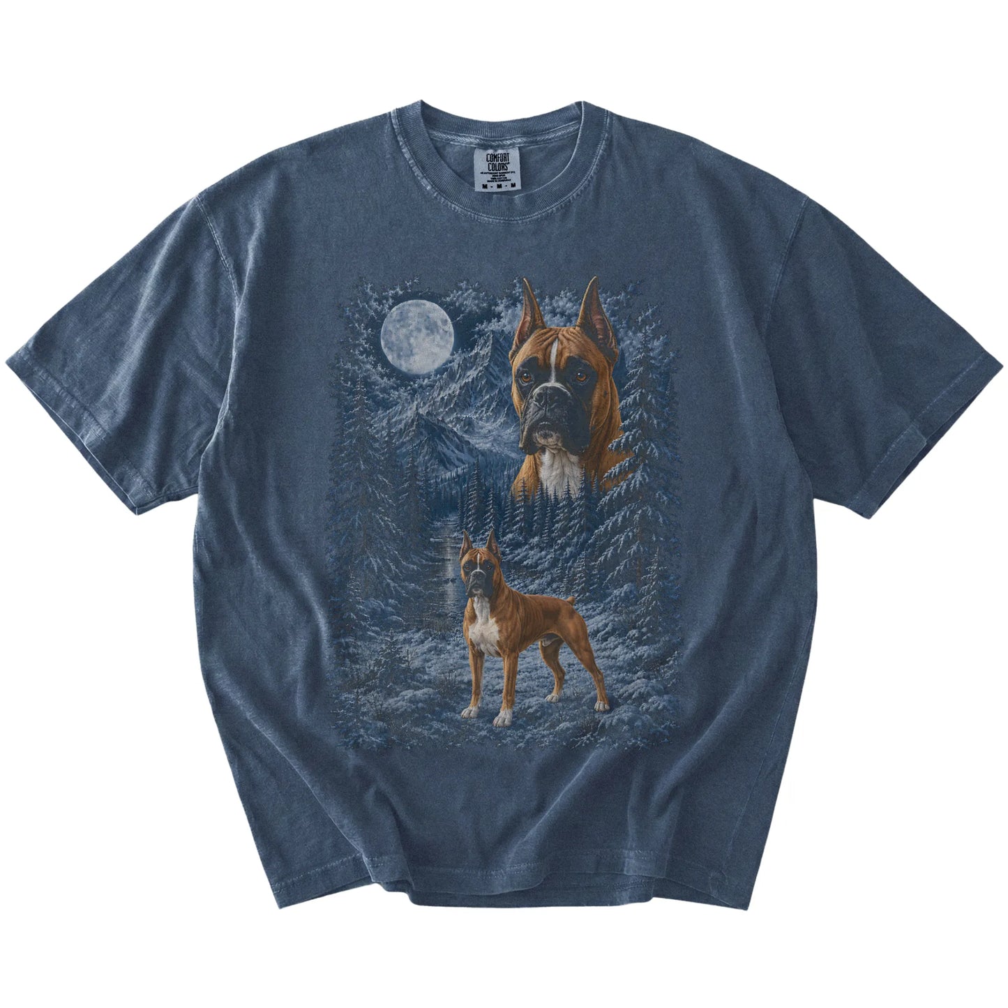 Boxer in a snowy winter forest on a Denim t-shirt