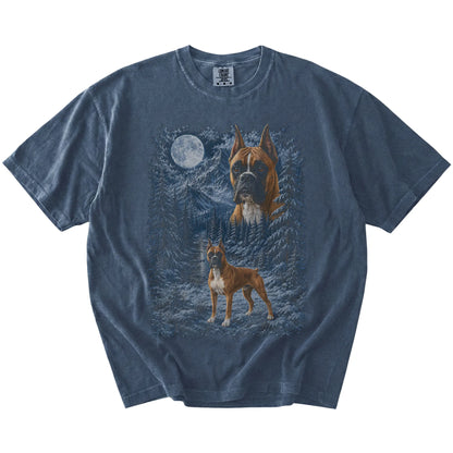 Boxer in a snowy winter forest on a Denim t-shirt