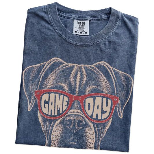 Folded Denim Comfort Colors® T-shirt showing boxer wearing red game day sunglasses