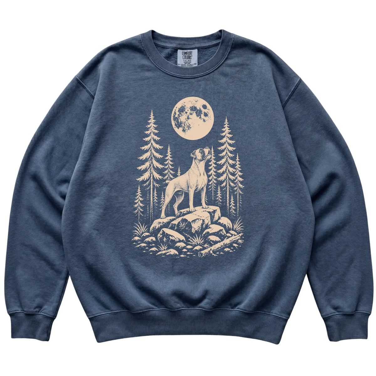 Close view of Boxer Howling at the Moon artwork on Denim Comfort Colors sweatshirt