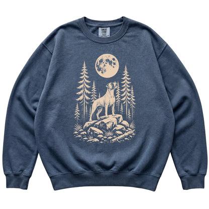 Close view of Boxer Howling at the Moon artwork on Denim Comfort Colors sweatshirt