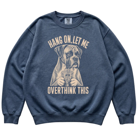 Denim Comfort Colors sweatshirt featuring Boxer Iced Coffee Overthink, laid-flat presentation