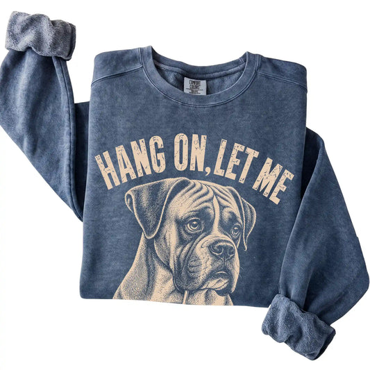 Denim Comfort Colors sweatshirt featuring Boxer Iced Coffee Overthink, folded presentation