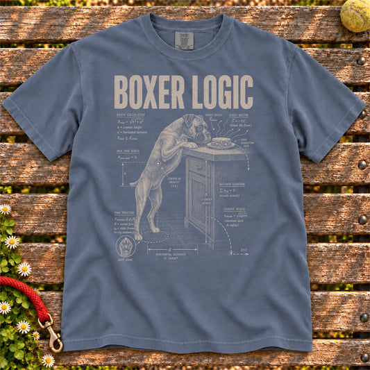 Boxer Logic design on a Denim Comfort Colors T-shirt, shown flat