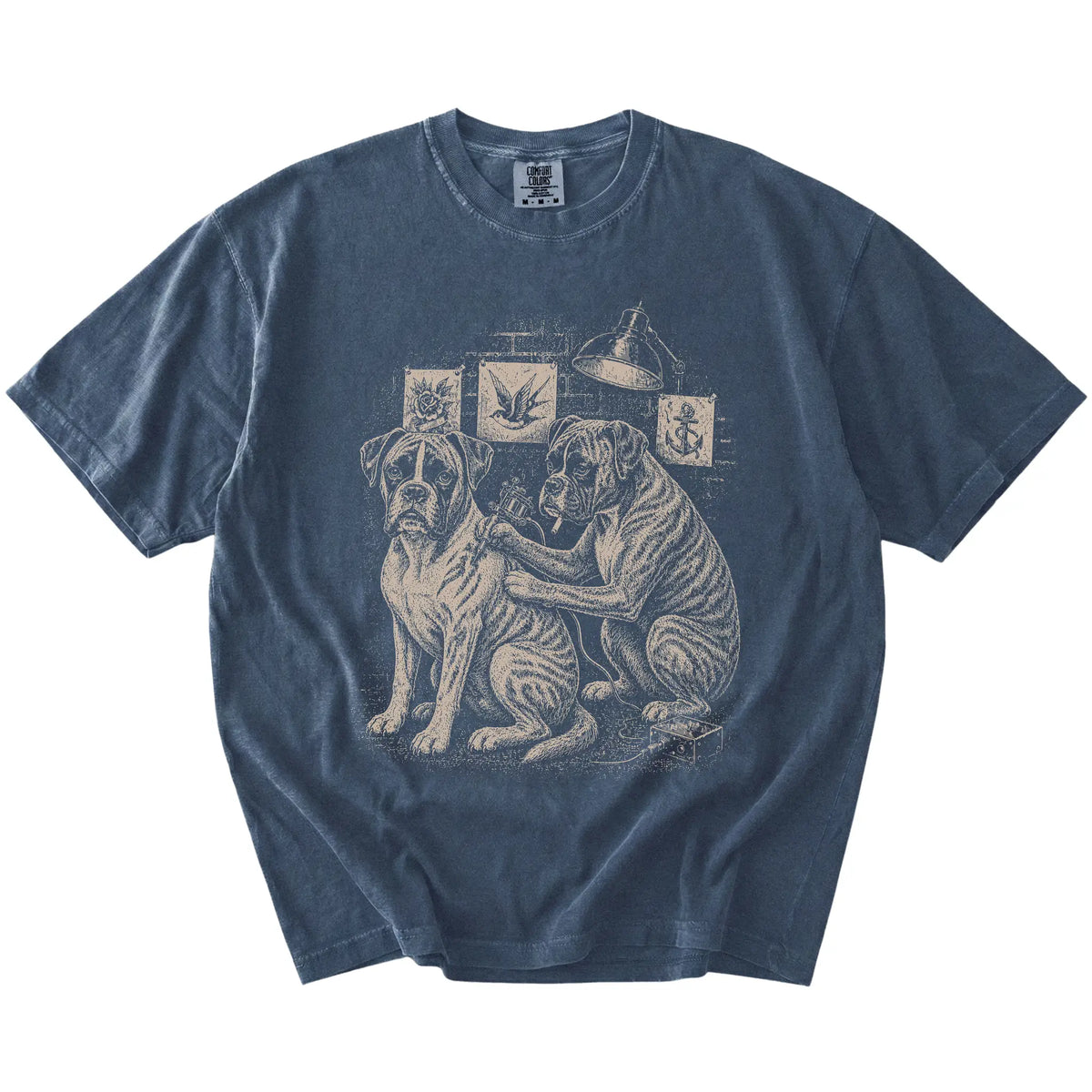 Denim Boxer Tattoo t-shirt laid flat