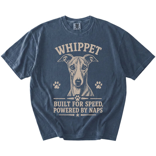 Whippet design with “Built For Speed, Powered By Naps” lettering on a Denim Comfort Colors® T-shirt