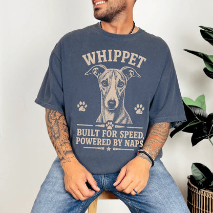Model wearing a Denim Comfort Colors® T-shirt featuring Whippet design with “Built For Speed, Powered By Naps” lettering