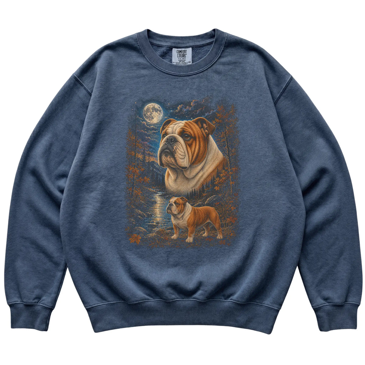 denim sweatshirt with Bulldog Autumn Moon artwork.