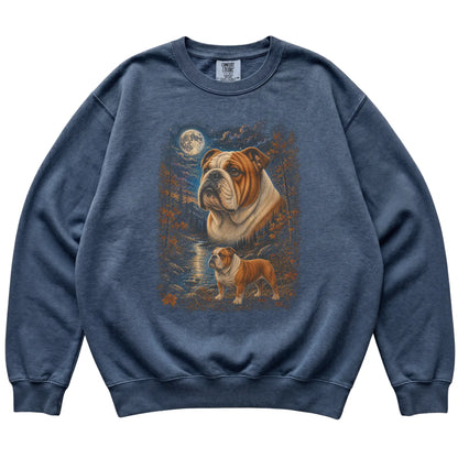 denim sweatshirt with Bulldog Autumn Moon artwork.