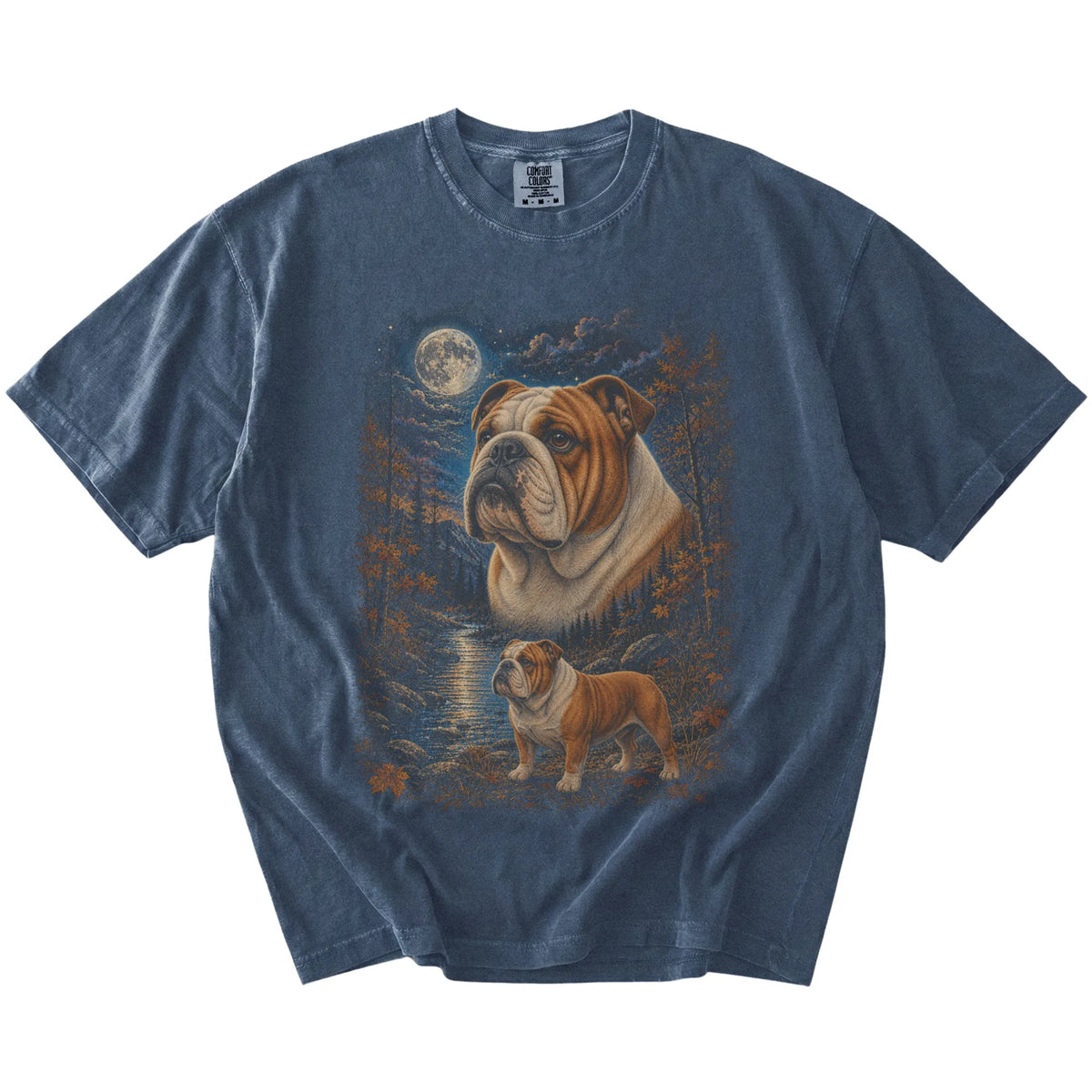 denim T-shirt with Bulldog Autumn Moon artwork.