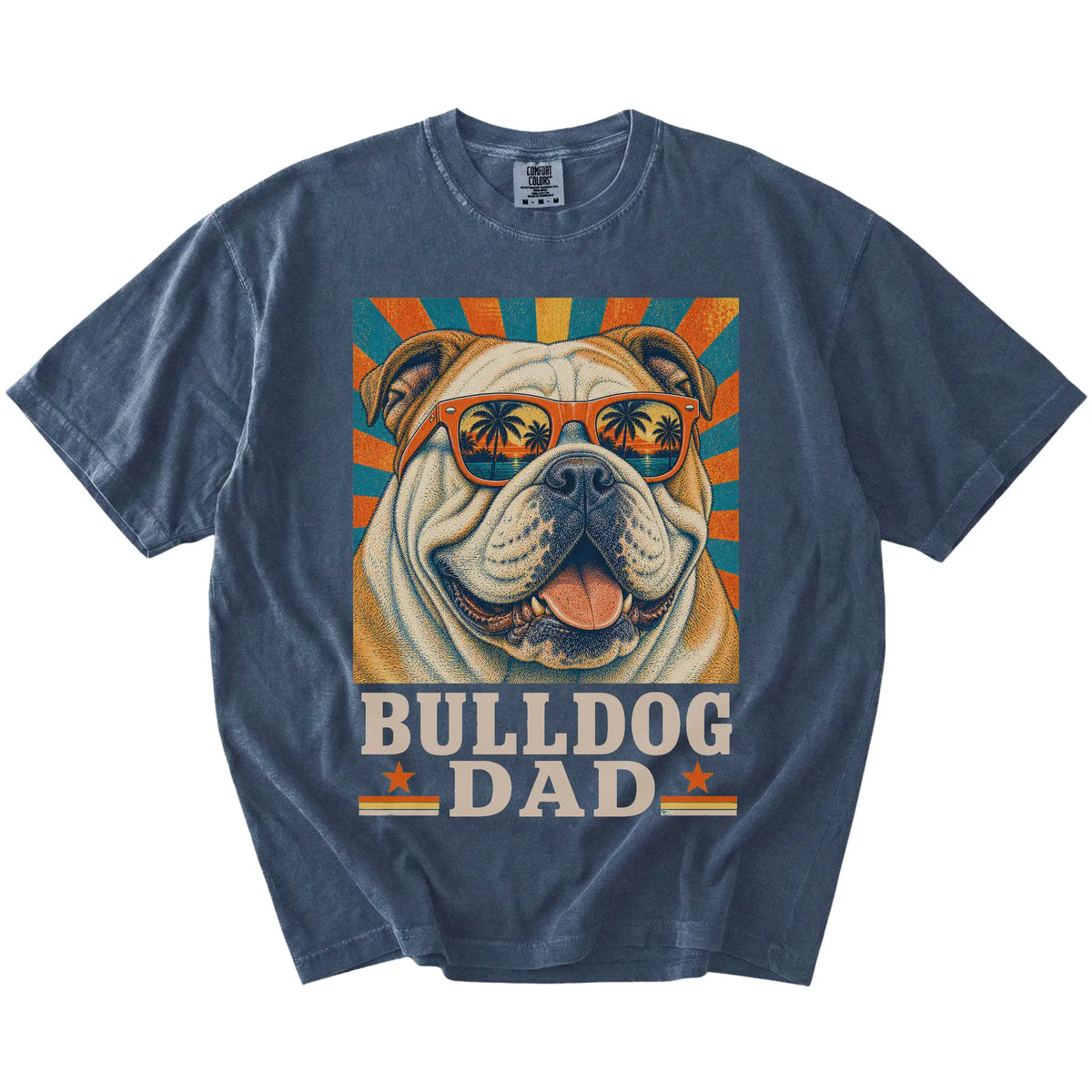 Retro Bulldog Dad design on a Denim Comfort Colors T-shirt