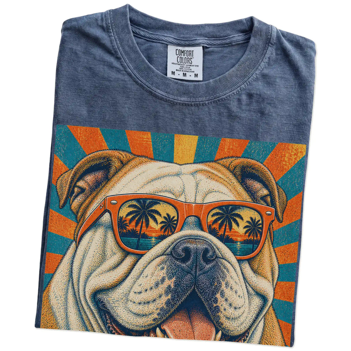 Retro Bulldog Dad design on a Denim Comfort Colors T-shirt folded detail