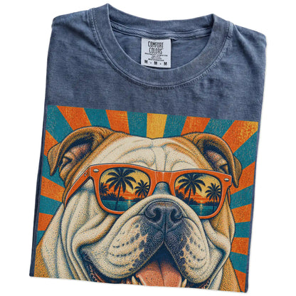 Retro Bulldog Dad design on a Denim Comfort Colors T-shirt folded detail