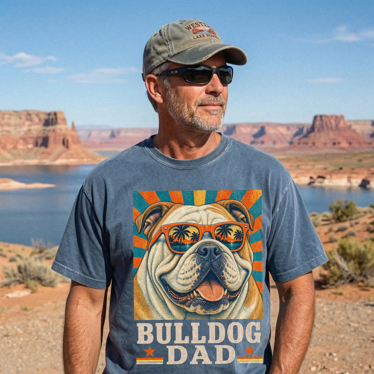 Retro Bulldog Dad design on a Denim Comfort Colors T-shirt worn by a model