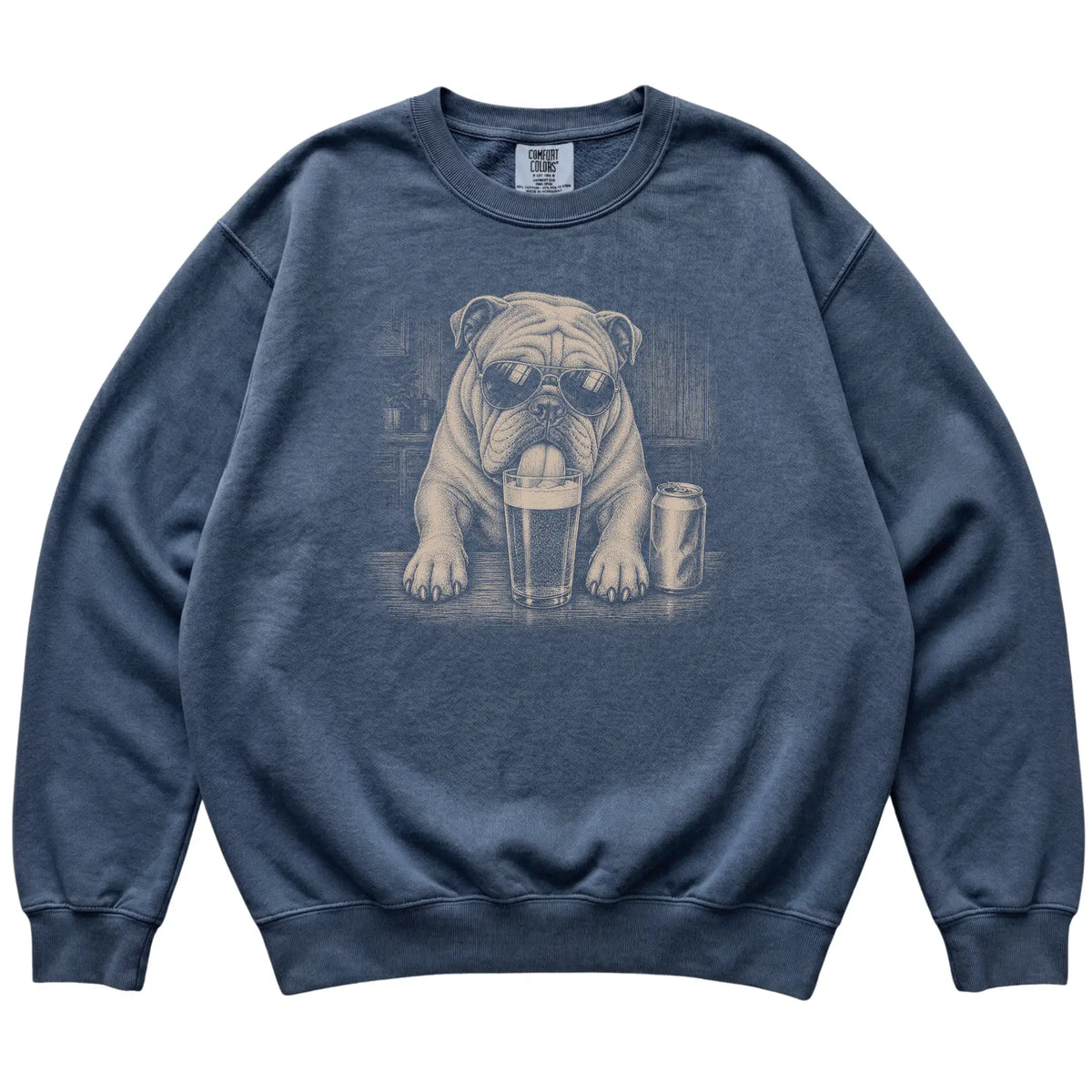 Denim English Bulldog drinking from a pint at a bar, laid flat