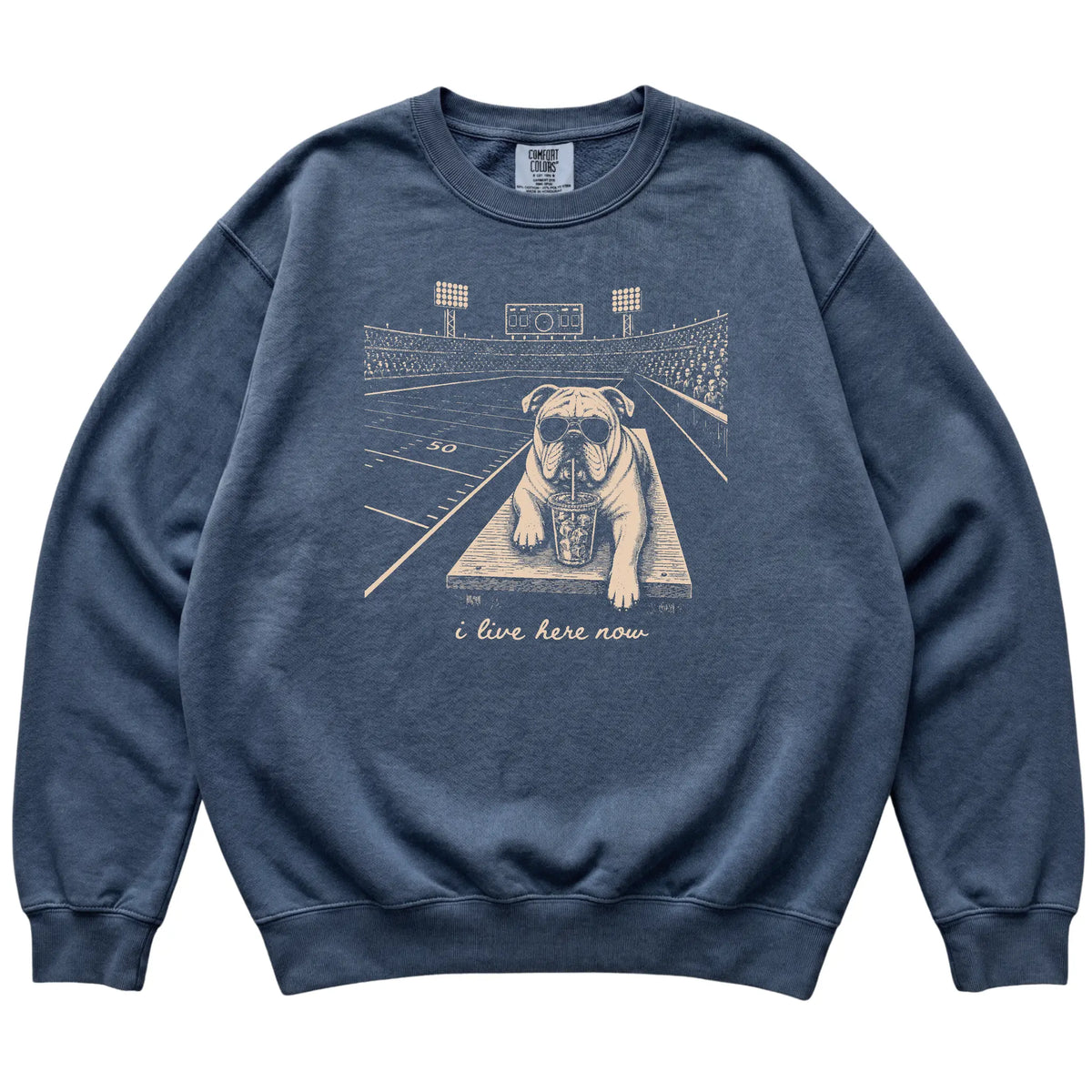 Denim Bulldog Football Tailgate sweatshirt, laid flat