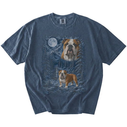 Bulldog in a snowy winter forest on a Denim t-shirt