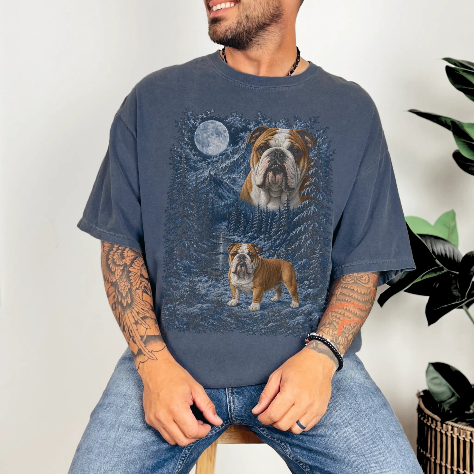 Person wearing a Denim Bulldog winter forest t-shirt