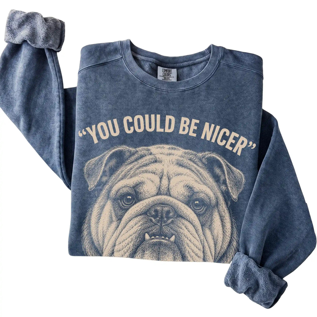 Close view of the Bulldog Guard Dog sweatshirt in Denim