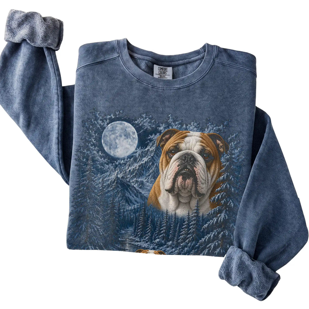 Folded denim sweatshirt with Bulldog Winter Moon artwork.