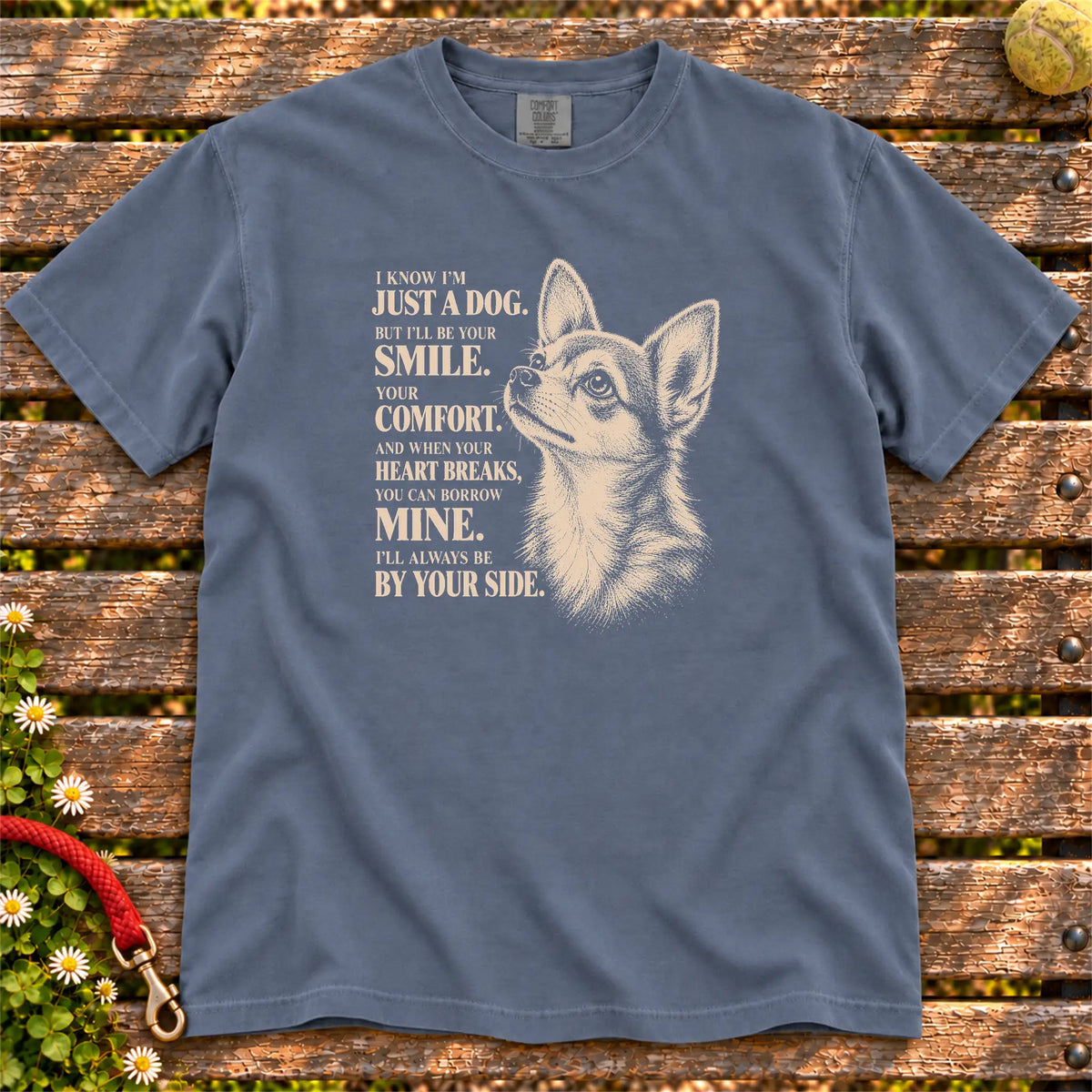 Denim Comfort Colors® T-shirt featuring the Chihuahua By Your Side design.