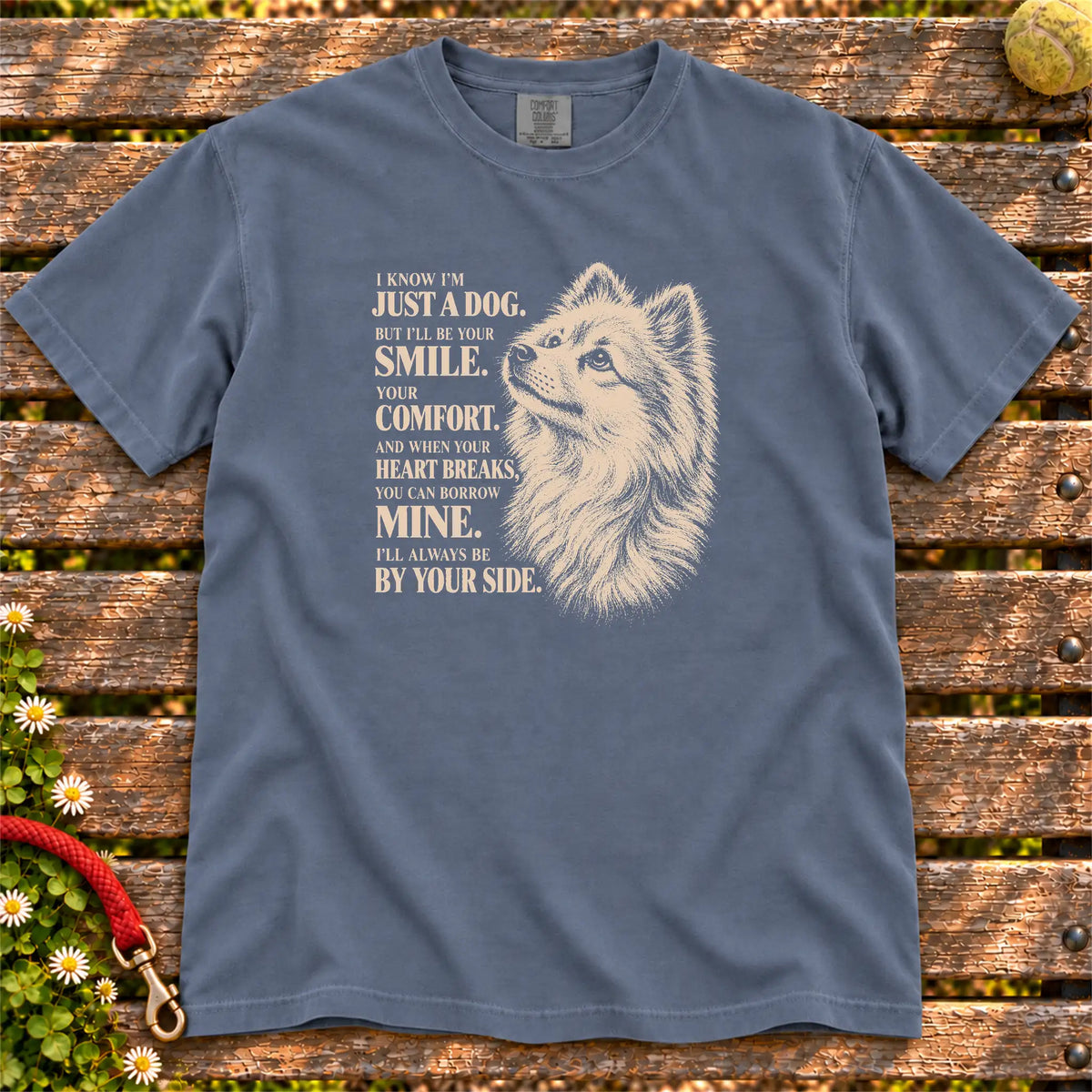 Denim Comfort Colors® T-shirt featuring the Pomeranian By Your Side design.