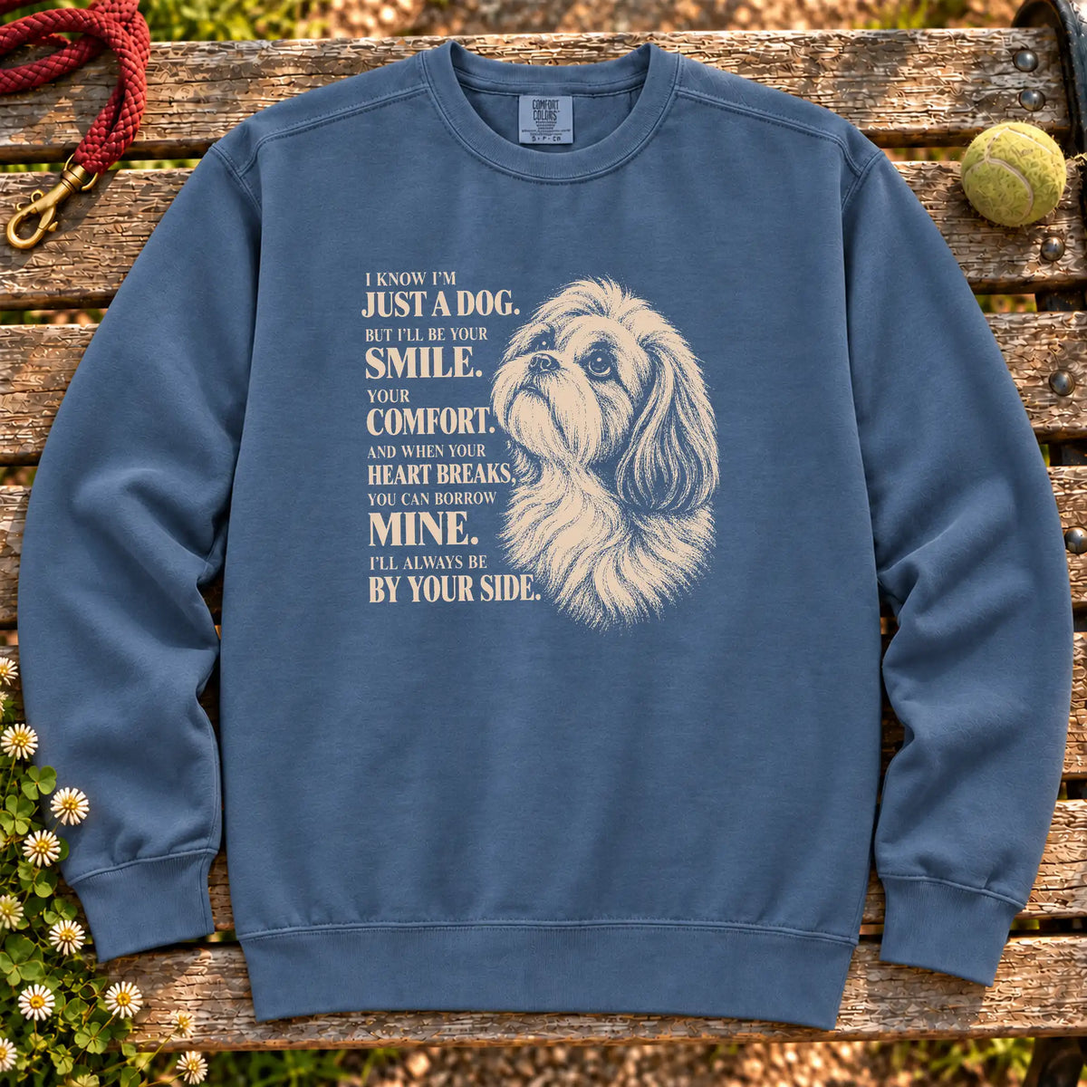 Denim Comfort Colors® sweatshirt featuring the Shih Tzu By Your Side design.