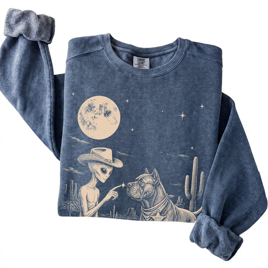 Denim Comfort Colors® sweatshirt featuring Cane Corso Cowboy and Alien, folded presentation