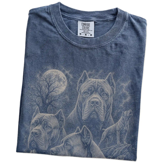 Folded Denim Comfort Colors® T-shirt showing a vintage moon montage featuring Cane Corso
