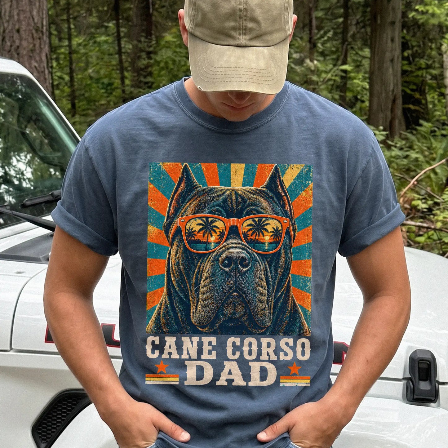 Retro Cane Corso Dad design on a Denim Comfort Colors T-shirt worn by a model