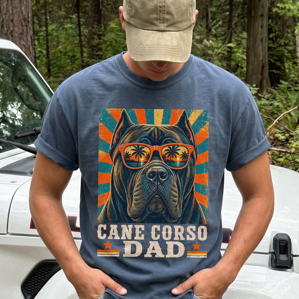 Retro Cane Corso Dad design on a Denim Comfort Colors T-shirt worn by a model